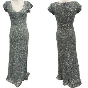 THEIA Women Sage Green Kaylee Sequin Gown V-Neck Cap Sleeve Evening Dress Size 2